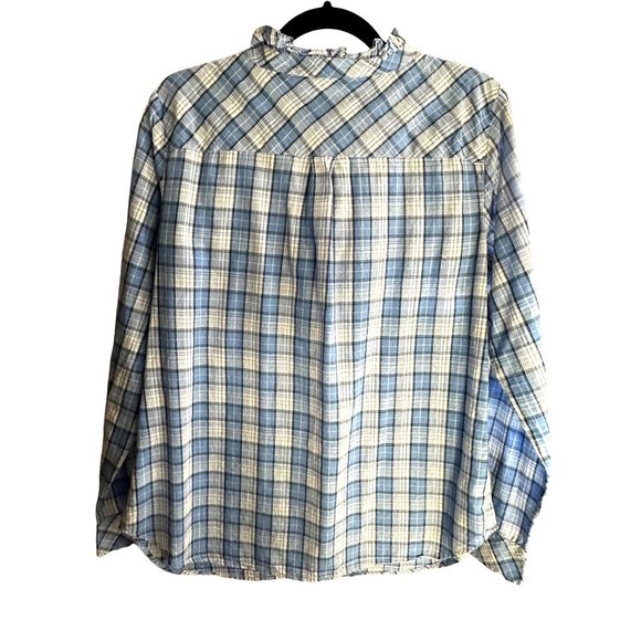 Talbots size M blue windowpane plaid 1/2 button front ruffle collar blouse - Picture 3 of 6